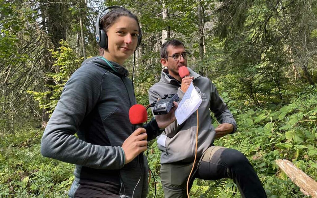 Formation et tournage d'un épisode de podcast dans la forêt du Massacre dans le Parc du Haut-Jura.