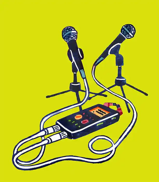 Duo de micros connectés à un enregistreur zoom