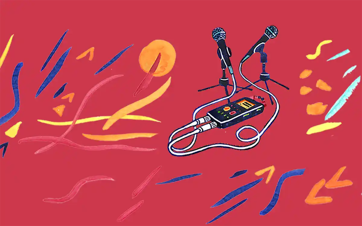 Illustration de la technique d’interview en radio et podcast avec microphones et enregistreur audio